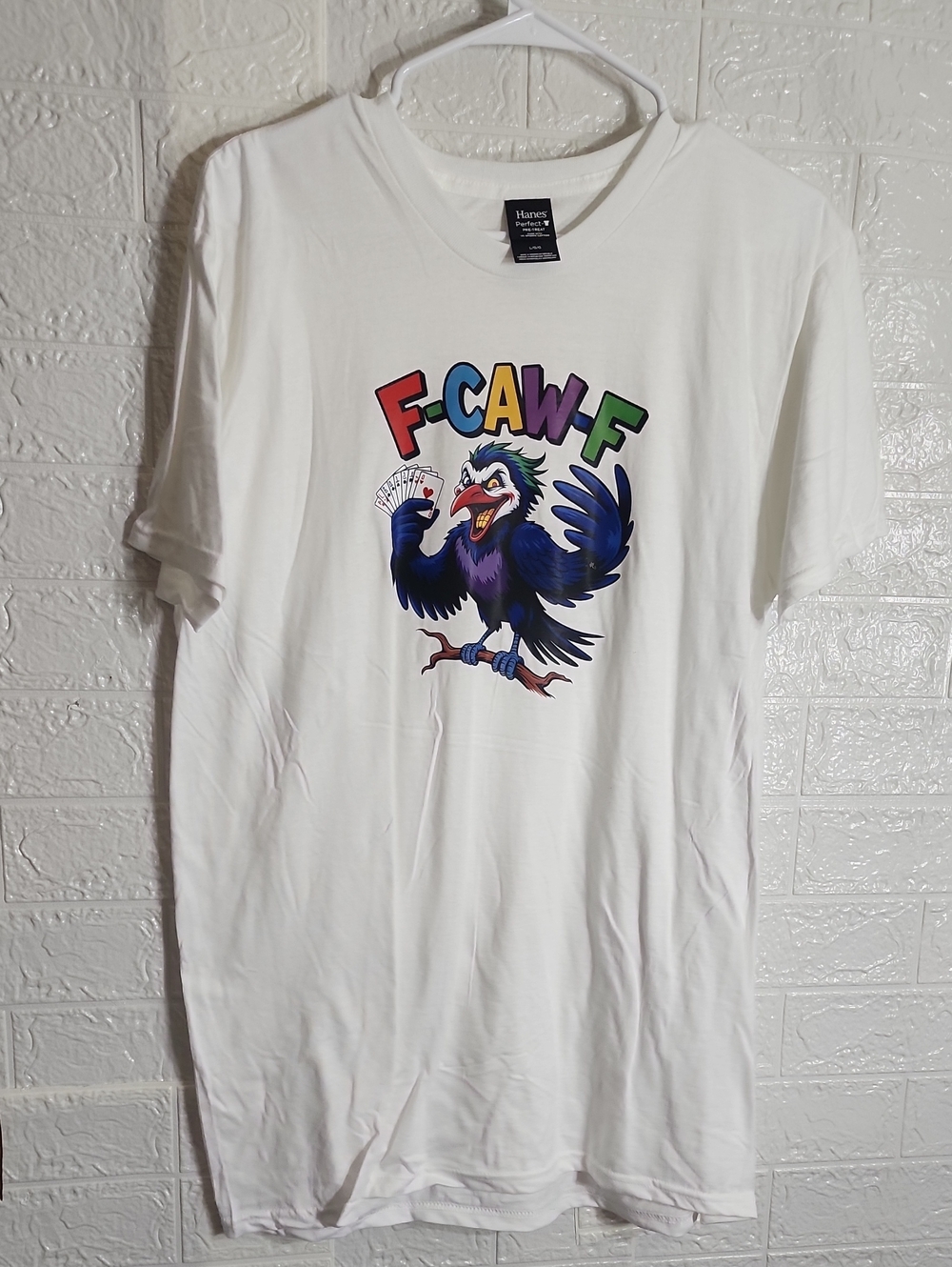 Hanes White Tee with Multicolor Cartoon Crow Graphic